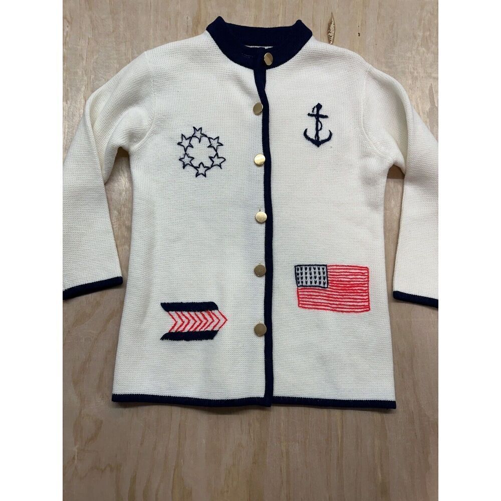 VTG 60s Ivory Wool Navy Trim Gold Button Cardigan w Sailing Boating Embroidery S